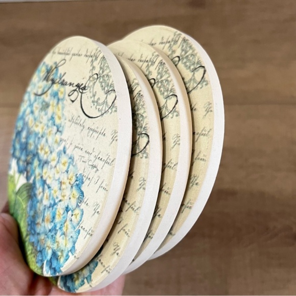 Hydrangea Floral‎ Stoneware Coasters Set of 4 Made USA Cork Backing Eco Friendly - Picture 5 of 12